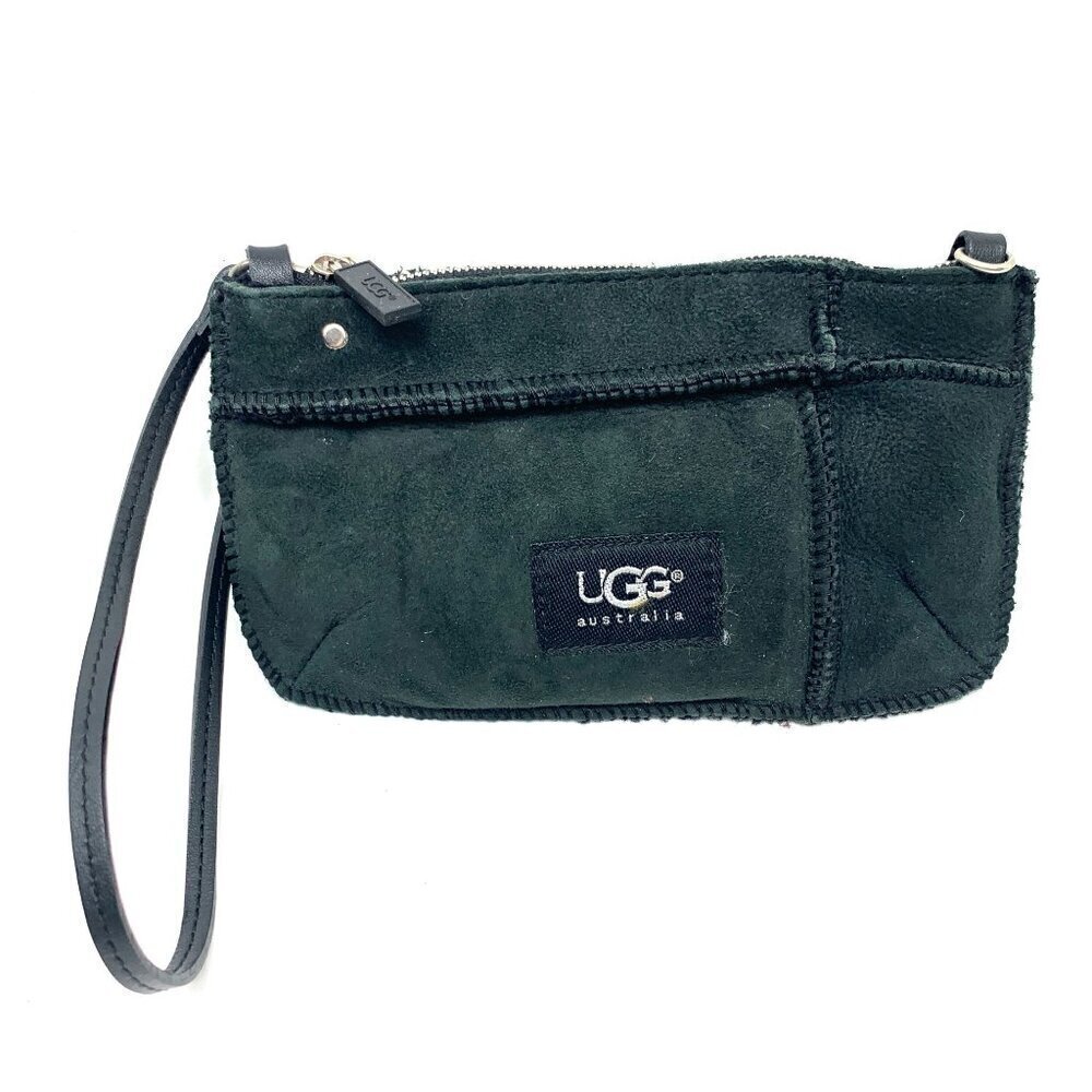 UGG Shearling Lined Suede Convertible Zippered Wristlet Pouch - Black, 8"x4.5"
